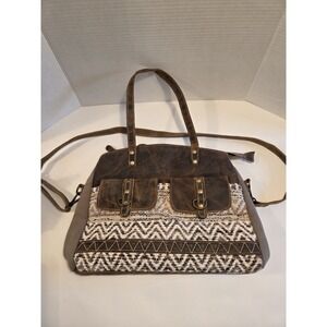 Myra Leather And Woven Cross Body & Shoulder Tan Brown Cream Bag